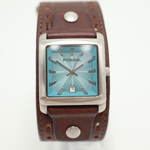 Vintage Fossil Y2K Blue Square 26mm Date Dial Watch Brown Leather w New Battery - Picture 5 of 12